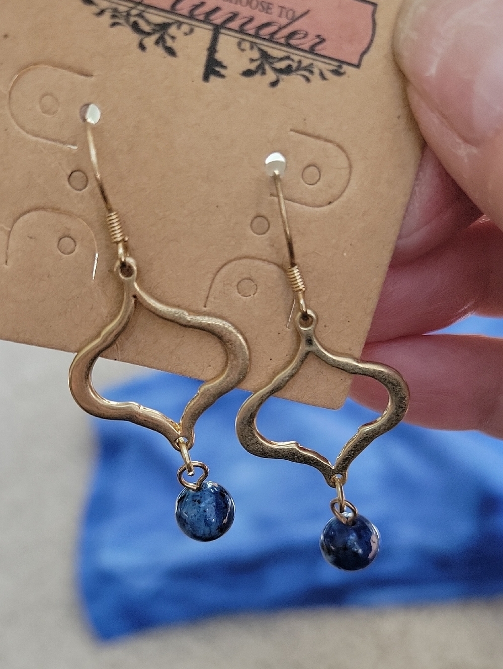 Plunder Gold Earrings with Blue Bead - Picture 3 of 3